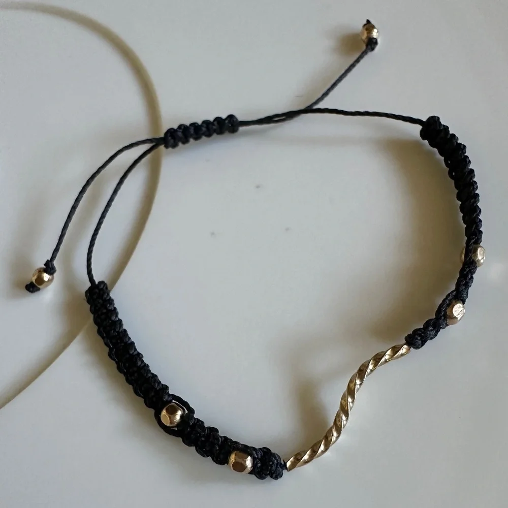 NEW Black Adjustable Cord Bracelet 14k Gold Beads Twisted Connector Minimalist